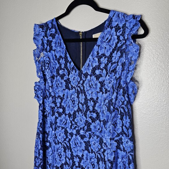 Michael Kors 12 Blue Cocktail Dress Floral Lace Overlay Office Ruffle Church - Picture 2 of 6